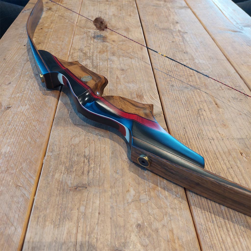 bogen, pijl, houten-handvat, blauw-metallic, handvat-geluid